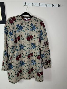 Floral Crewneck Sweater - Beige with Blue & Burgundy Flowers